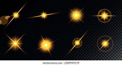 Glowing light bursts with sparks. A set of radiant glow effects, lens flare, explosion, brilliance, light streaks, solar flare, spark, and star.