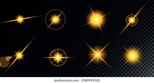 Glowing light bursts with sparks. A set of radiant glow effects, lens flare, explosion, brilliance, light streaks, solar flare, spark, and star.