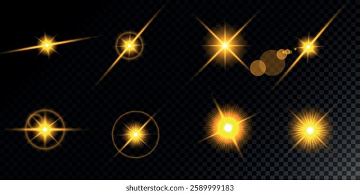 Glowing light bursts with sparks. A set of radiant glow effects, lens flare, explosion, brilliance, light streaks, solar flare, spark, and star.