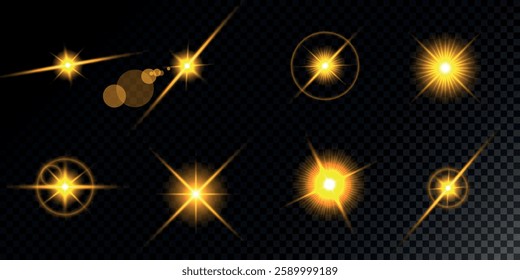 Glowing light bursts with sparks. A set of radiant glow effects, lens flare, explosion, brilliance, light streaks, solar flare, spark, and star.