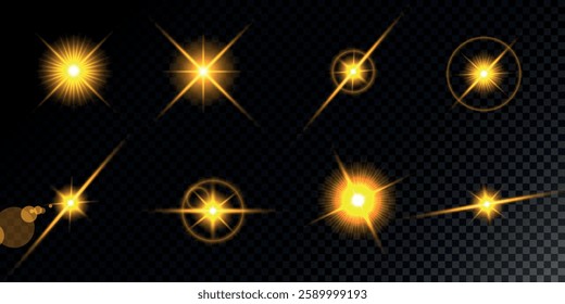 Glowing light bursts with sparks. A set of radiant glow effects, lens flare, explosion, brilliance, light streaks, solar flare, spark, and star.