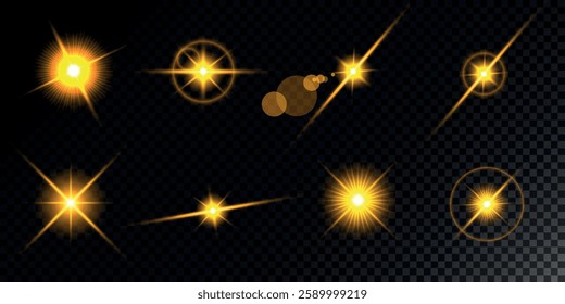 Glowing light bursts with sparks. A set of radiant glow effects, lens flare, explosion, brilliance, light streaks, solar flare, spark, and star.