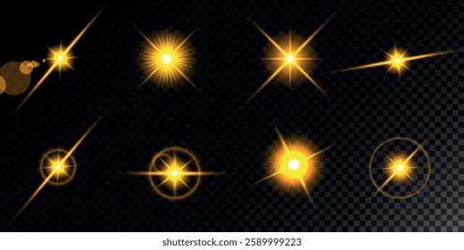 Glowing light bursts with sparks. A set of radiant glow effects, lens flare, explosion, brilliance, light streaks, solar flare, spark, and star.
