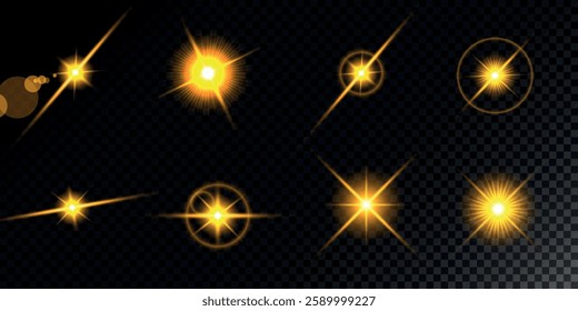 Glowing light bursts with sparks. A set of radiant glow effects, lens flare, explosion, brilliance, light streaks, solar flare, spark, and star.