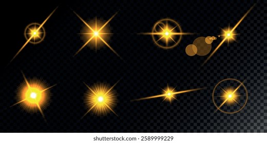 Glowing light bursts with sparks. A set of radiant glow effects, lens flare, explosion, brilliance, light streaks, solar flare, spark, and star.