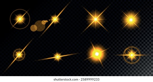 Glowing light bursts with sparks. A set of radiant glow effects, lens flare, explosion, brilliance, light streaks, solar flare, spark, and star.