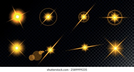 Glowing light bursts with sparks. A set of radiant glow effects, lens flare, explosion, brilliance, light streaks, solar flare, spark, and star.