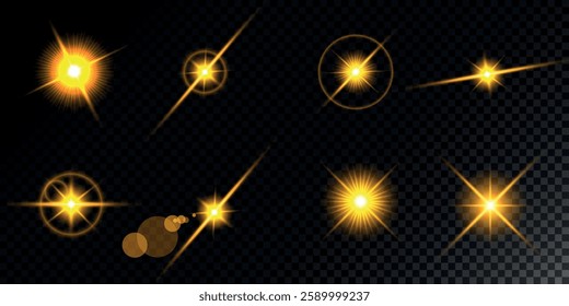 Glowing light bursts with sparks. A set of radiant glow effects, lens flare, explosion, brilliance, light streaks, solar flare, spark, and star.