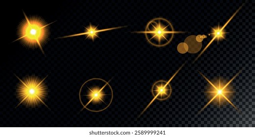 Glowing light bursts with sparks. A set of radiant glow effects, lens flare, explosion, brilliance, light streaks, solar flare, spark, and star.