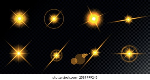 Glowing light bursts with sparks. A set of radiant glow effects, lens flare, explosion, brilliance, light streaks, solar flare, spark, and star.