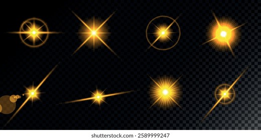 Glowing light bursts with sparks. A set of radiant glow effects, lens flare, explosion, brilliance, light streaks, solar flare, spark, and star.