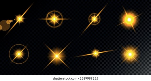 Glowing light bursts with sparks. A set of radiant glow effects, lens flare, explosion, brilliance, light streaks, solar flare, spark, and star.