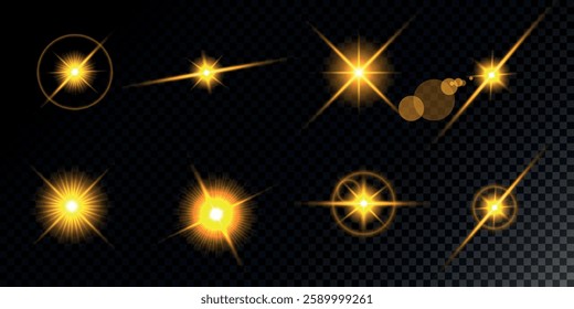 Glowing light bursts with sparks. A set of radiant glow effects, lens flare, explosion, brilliance, light streaks, solar flare, spark, and star.