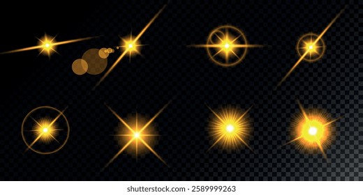 Glowing light bursts with sparks. A set of radiant glow effects, lens flare, explosion, brilliance, light streaks, solar flare, spark, and star.