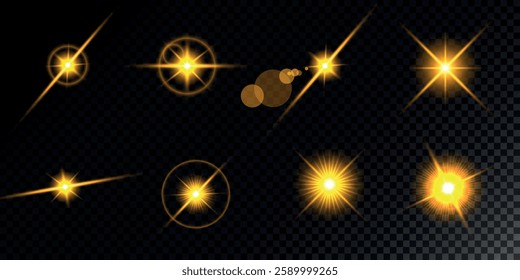 Glowing light bursts with sparks. A set of radiant glow effects, lens flare, explosion, brilliance, light streaks, solar flare, spark, and star.