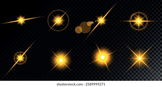 Glowing light bursts with sparks. A set of radiant glow effects, lens flare, explosion, brilliance, light streaks, solar flare, spark, and star.