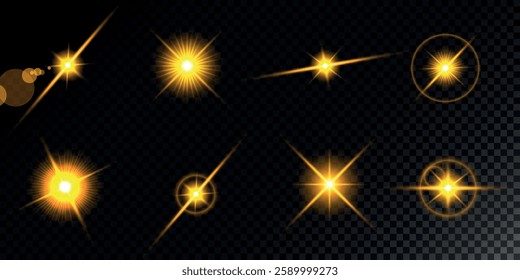 Glowing light bursts with sparks. A set of radiant glow effects, lens flare, explosion, brilliance, light streaks, solar flare, spark, and star.