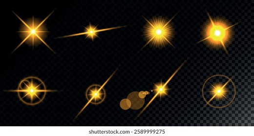 Glowing light bursts with sparks. A set of radiant glow effects, lens flare, explosion, brilliance, light streaks, solar flare, spark, and star.