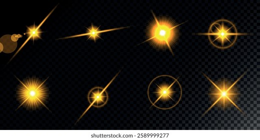 Glowing light bursts with sparks. A set of radiant glow effects, lens flare, explosion, brilliance, light streaks, solar flare, spark, and star.