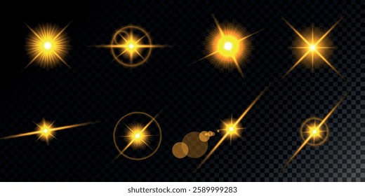 Glowing light bursts with sparks. A set of radiant glow effects, lens flare, explosion, brilliance, light streaks, solar flare, spark, and star.