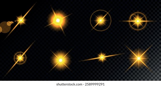 Glowing light bursts with sparks. A set of radiant glow effects, lens flare, explosion, brilliance, light streaks, solar flare, spark, and star.