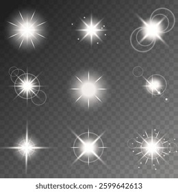 Glowing light bursts with sparks. A set of radiant glow effects, lens flare, explosion, brilliance, light streaks, solar flare, spark, and star. A stunning abstract image of bright flashes and shimmer