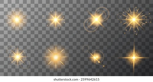 Glowing light bursts with sparks. A set of radiant glow effects, lens flare, explosion, brilliance, light streaks, solar flare, spark, and star. A stunning abstract image of bright flashes and shimmer
