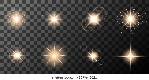 Glowing light bursts with sparks. A set of radiant glow effects, lens flare, explosion, brilliance, light streaks, solar flare, spark, and star. A stunning abstract image of bright flashes and shimmer