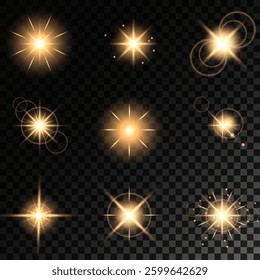 Glowing light bursts with sparks. A set of radiant glow effects, lens flare, explosion, brilliance, light streaks, solar flare, spark, and star. A stunning abstract image of bright flashes and shimmer