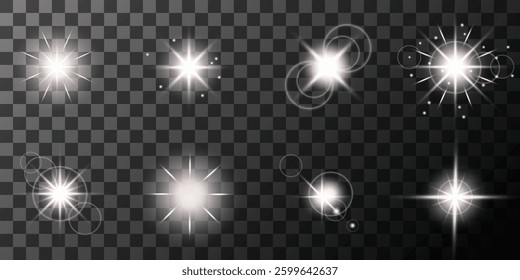 Glowing light bursts with sparks. A set of radiant glow effects, lens flare, explosion, brilliance, light streaks, solar flare, spark, and star. A stunning abstract image of bright flashes and shimmer