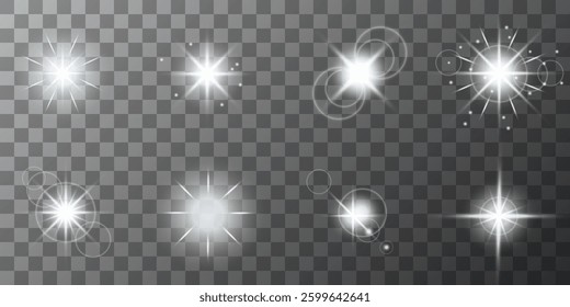Glowing light bursts with sparks. A set of radiant glow effects, lens flare, explosion, brilliance, light streaks, solar flare, spark, and star. A stunning abstract image of bright flashes and shimmer