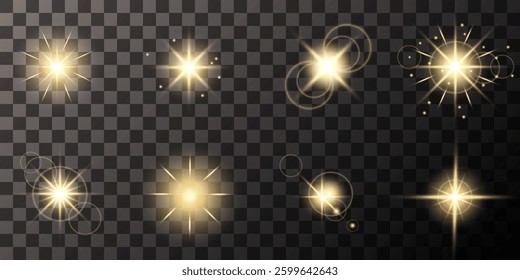 Glowing light bursts with sparks. A set of radiant glow effects, lens flare, explosion, brilliance, light streaks, solar flare, spark, and star. A stunning abstract image of bright flashes and shimmer