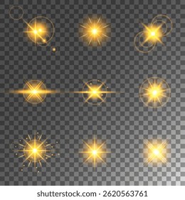 Glowing light bursts with sparks. A set of radiant glow effects, lens flare, explosion, brilliance, light streaks, solar flare, spark, and star. A stunning abstract image of bright flashes and shimmer