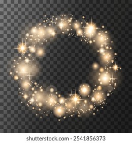 Glowing Light circle with light particles and stars round frame. A golden bokeh and flashes in a luminous ring.Glowing golden circle frame for Christmas design.Vector illustration