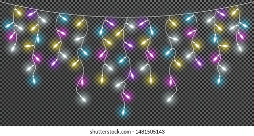 Glowing light colorful bulbs Christmas and New Year. Realistic retro garland isolated on transparent background. Xmas decorations for festive design of postcard, banner, poster, website. Vector design