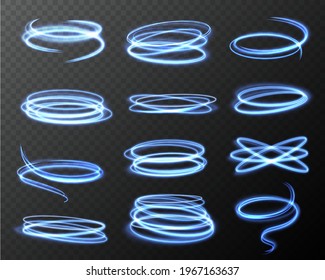 Glowing light effect. Blue fluorescent curve stripes collection, abstract magic luminous swirls, neon energy shine spirals, long exposure lens flare rings, vector realistic isolated set