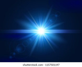 Glowing light effect. Blue lens flare. Glare light. Explosion star. Flash with rays and spotlight. Vector illustration.