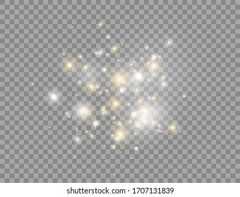 Glowing light effect. Bright golden and white stars explosion with sparkles on transparent background. Glitter luxury design element. Sun flash. Vector illustration.