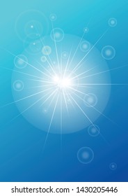 Glowing light effect, flare, explosion, stars on blue sky. Special effect on blue background. Sunshine glow effect in sky. Background for poster, banner, flyer, layout. Vector backdrop with sky, shine