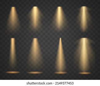 Glowing light effect with gold rays and beams. Scene floodlight spotlight stage beam. Abstract light from a lamp or spotlights on transparent background. Lighted scene. Vector illustration