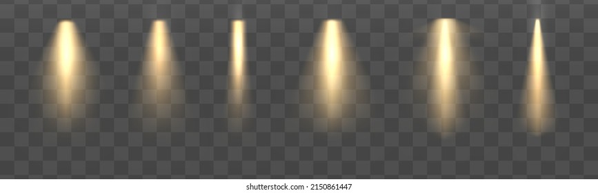 Glowing light effect with gold rays and beams. Scene floodlight spotlight stage beam. Abstract light from a lamp or spotlights on transparent background. Lighted scene. Vector illustration