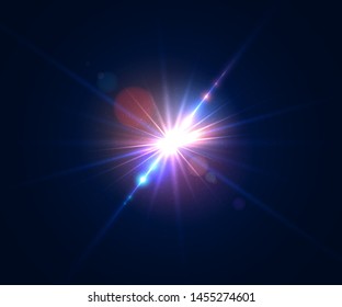 Glowing light effect. Lens flare with bokeh, glitter particles and rays. Sparkling glare of bright flash with colorful twinkle. Shining abstract background. Vector illustration.
