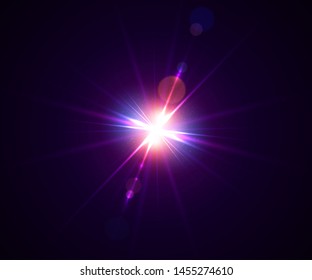 Glowing light effect. Lens flare with bokeh, glitter particles and rays. Sparkling glare of bright flash with colorful twinkle. Shining abstract background. Vector illustration.