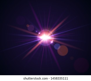 Glowing light effect. Lens flare with bokeh, glitter particles and rays. Sparkling glare of bright flash with colorful twinkle. Shining abstract background. Vector illustration.