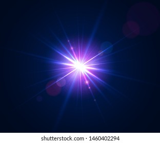 Glowing light effect. Lens flare with bokeh, glitter particles and rays. Sparkling glare of bright flash with colorful twinkle. Shining abstract background. Vector illustration.