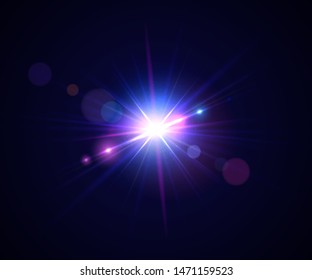 Glowing light effect. Lens flare with bokeh, glitter particles and rays. Sparkling glare of bright flash with colorful twinkle. Shining abstract background. Vector illustration.