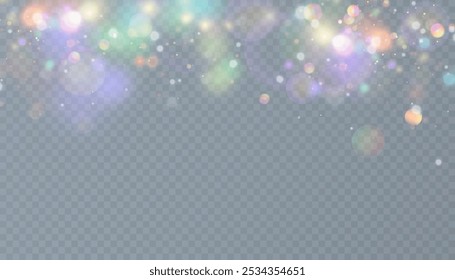Efeito de luz brilhante com muitas partículas brilhantes isoladas no fundo transparente. Nuvem de estrela vetorial com poeira e realces. Para design festivo e publicitário.