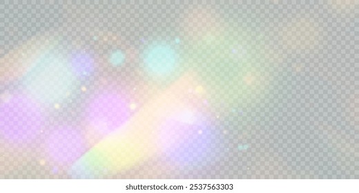 Glowing light effect with many colorful shiny bokeh particles isolated on transparent background. Vector light clouds with dust and glare.