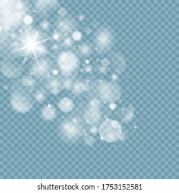 Glowing light effect with many glitter particles. Sparkling magic dust particles. White sparks and stars shine with special light. Christmas abstract pattern. Vector illustration, EPS 10.