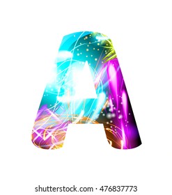 Efecto de luz brillante tipo neon Font. Símbolos de texto de diseño de color de Firework. Letra brillante A